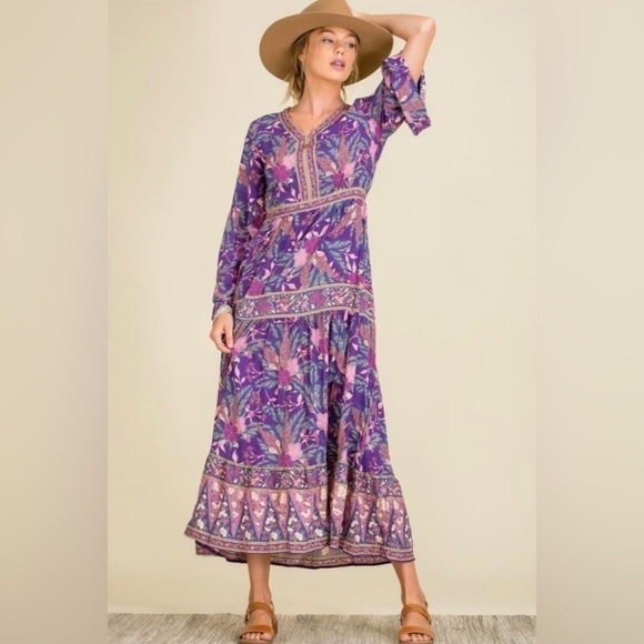 Purple Pink Floral Bohemian Patterned Eclectic Long Sleeve Boho Flowy Maxi Dress - Picture 1 of 15